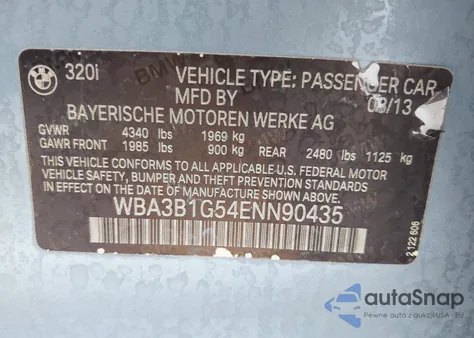 2014 BMW 320I z USA, uszkodzony, nr VIN WBA3B1G54ENN90435